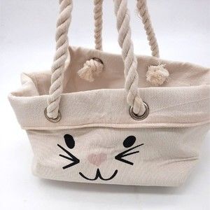 Canvas Beige Rabbit Bunny Basket Tote With Rope Handles